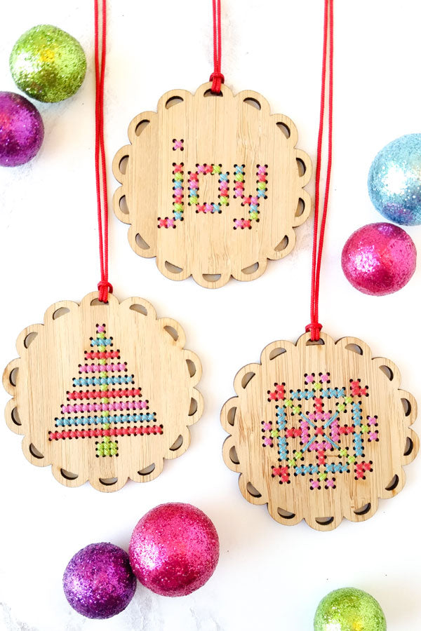 Merry and bright cross stitch ornament kits by Red Gate Stitchery