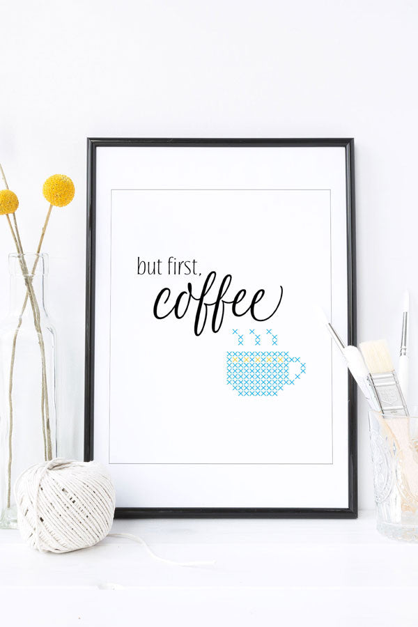 Cross stitch wall art But First Coffee